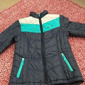 Multicolor fleeced navy blue coat; size 14; 100% polyester lining